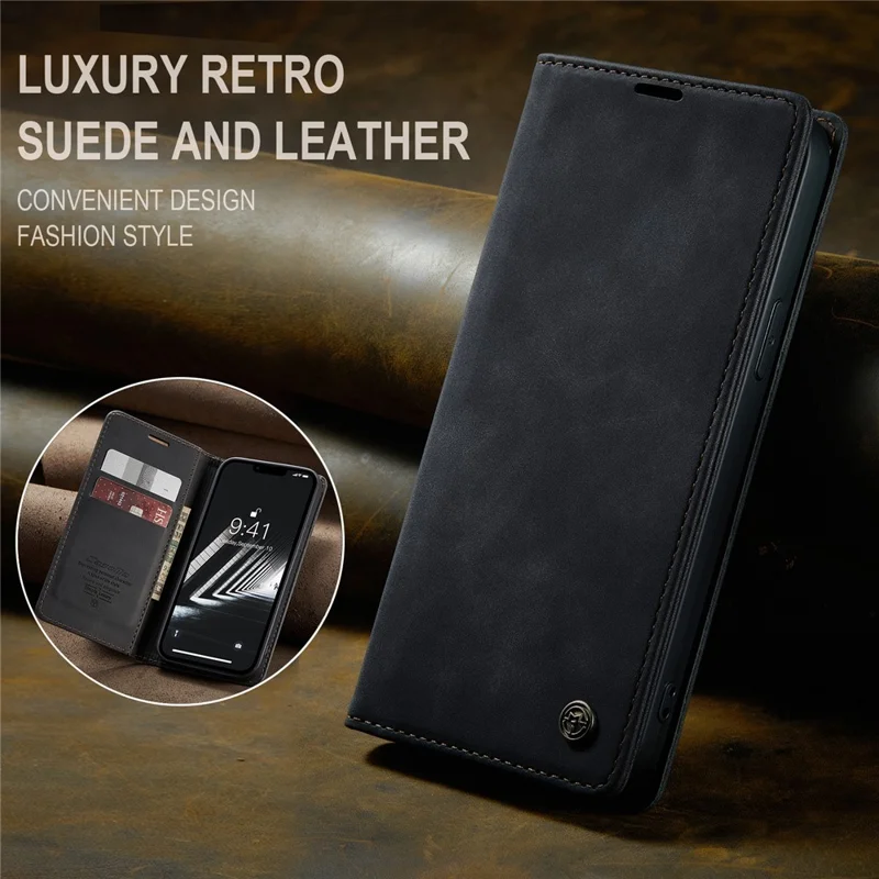 CASEME 013 Series For iPhone 15 Leather Wallet Phone Case Flip Stand Drop-proof Cover - Black - 7