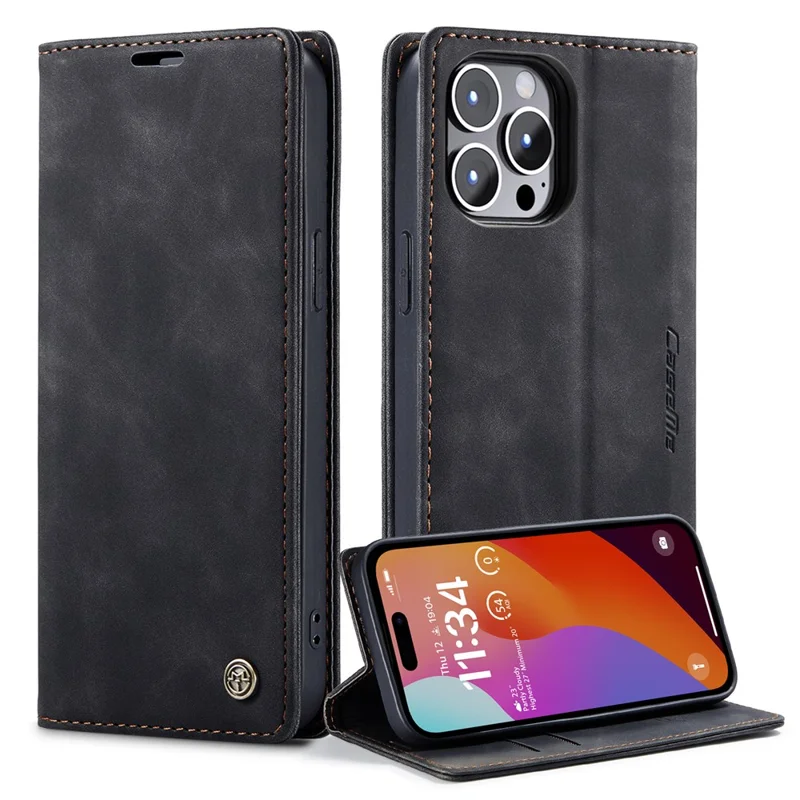 CASEME 013 Series For iPhone 15 Pro Max Leather Wallet Stand Phone Case Magnetic Closing Cover - Black - 1