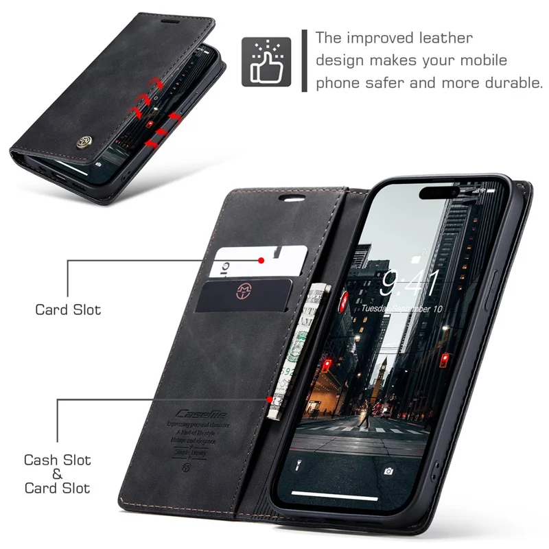 CASEME 013 Series For iPhone 15 Pro Max Leather Wallet Stand Phone Case Magnetic Closing Cover - Black - 5