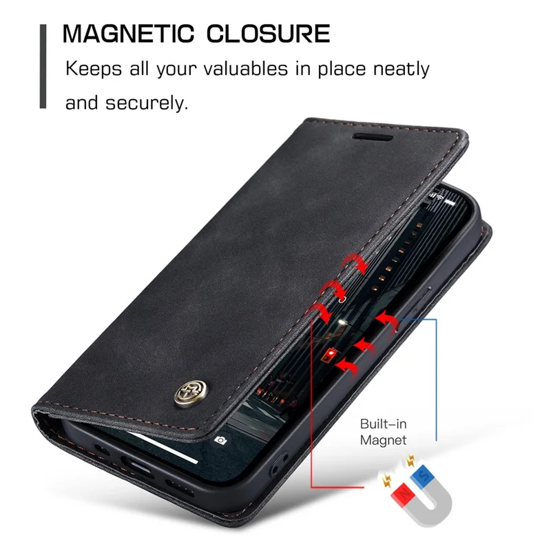 CASEME 013 Series For iPhone 15 Pro Max Leather Wallet Stand Phone Case Magnetic Closing Cover - Black - 6