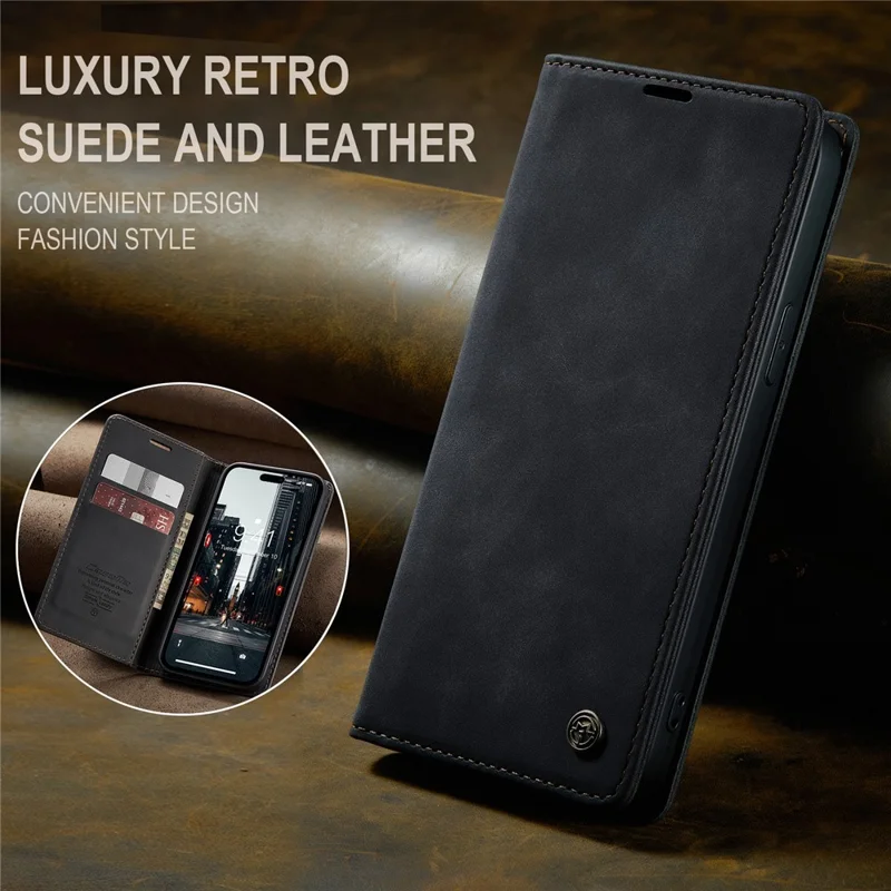 CASEME 013 Series For iPhone 15 Pro Max Leather Wallet Stand Phone Case Magnetic Closing Cover - Black - 7