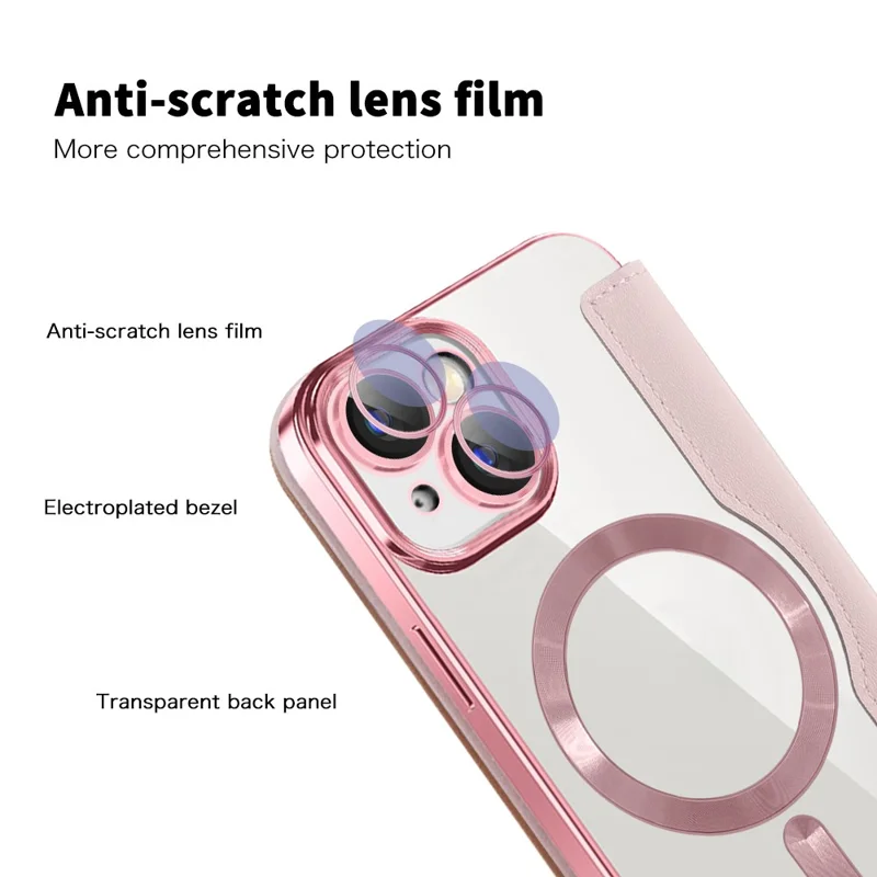 Magnetic Case Compatible with MagSafe for iPhone 15 , RFID Blocking Card Holder PU Leather Electroplating Cover - Pink - 8