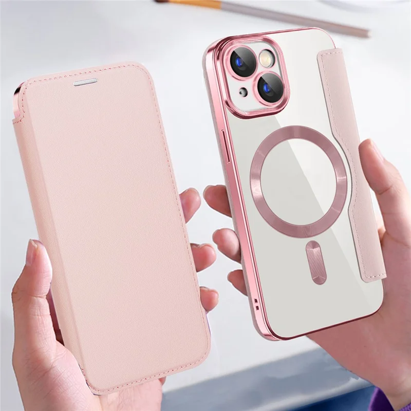 Magnetic Case Compatible with MagSafe for iPhone 15 , RFID Blocking Card Holder PU Leather Electroplating Cover - Pink - 9