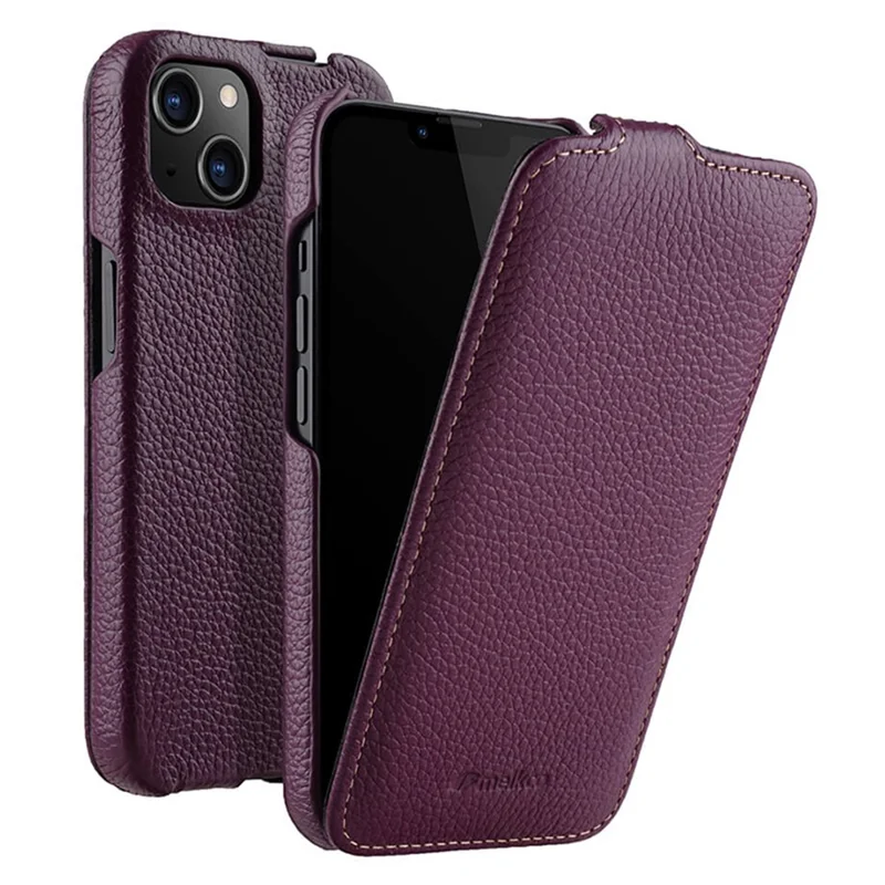 MELKCO For iPhone 13 mini Genuine Cow Leather+PC Phone Case Vertical Flip Litchi Texture Protective Cover - Purple - 1