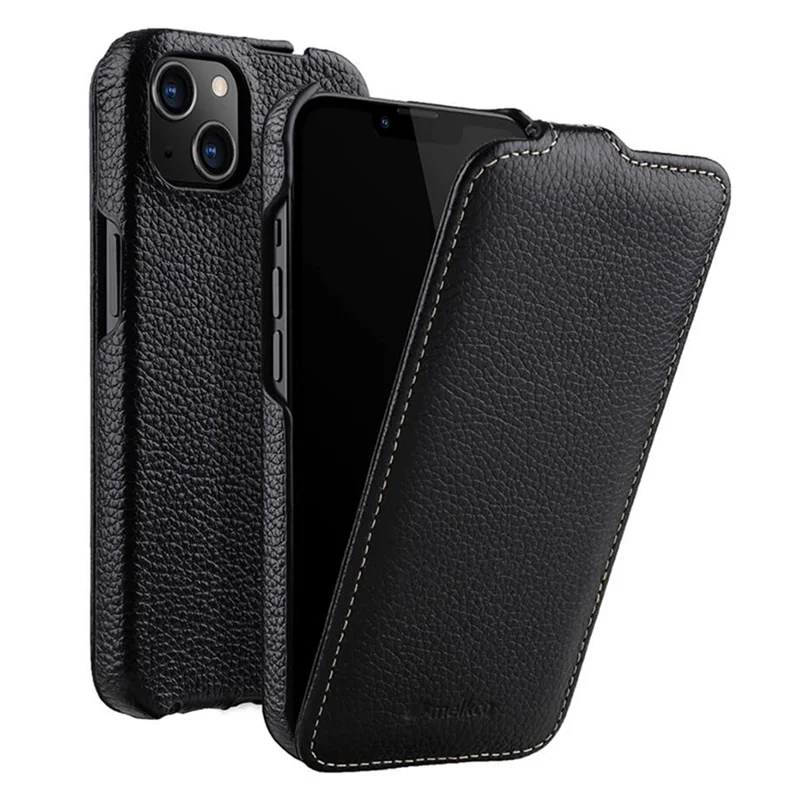 MELKCO For iPhone 14 Genuine Cow Leather+PC Shell Vertical Flip Litchi Texture Protection Phone Cover - Black - 1