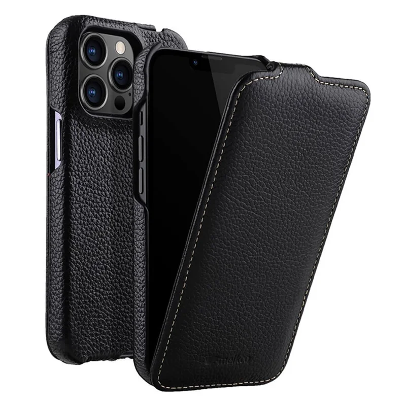MELKCO For iPhone 14 Pro Litchi Texture Phone Case Genuine Cow Leather+PC Vertical Flip Cover - Black - 1