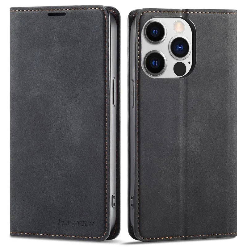 FORWENW Fantasy Series Phone Case for iPhone 15 Pro , Skin-touch Leather Phone Cover Shell Wallet - Black - 1