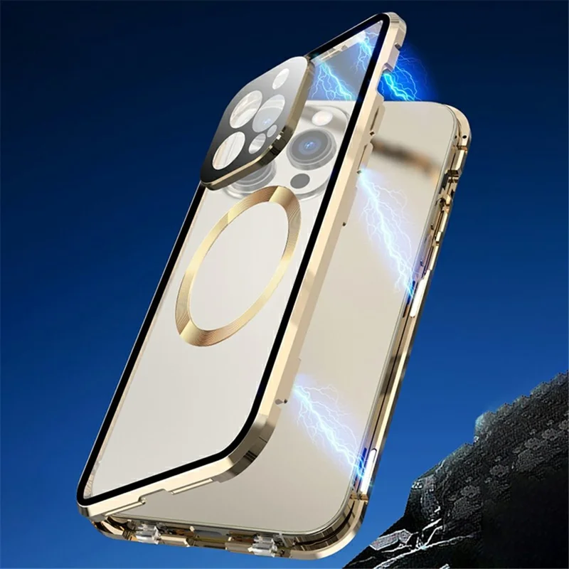 Compatible with MagSafe Case for iPhone 15 Pro Magnetic Metal Frame + Double-Sided Tempered Glass Phone Cover with Buckle Lock - Gold - 2