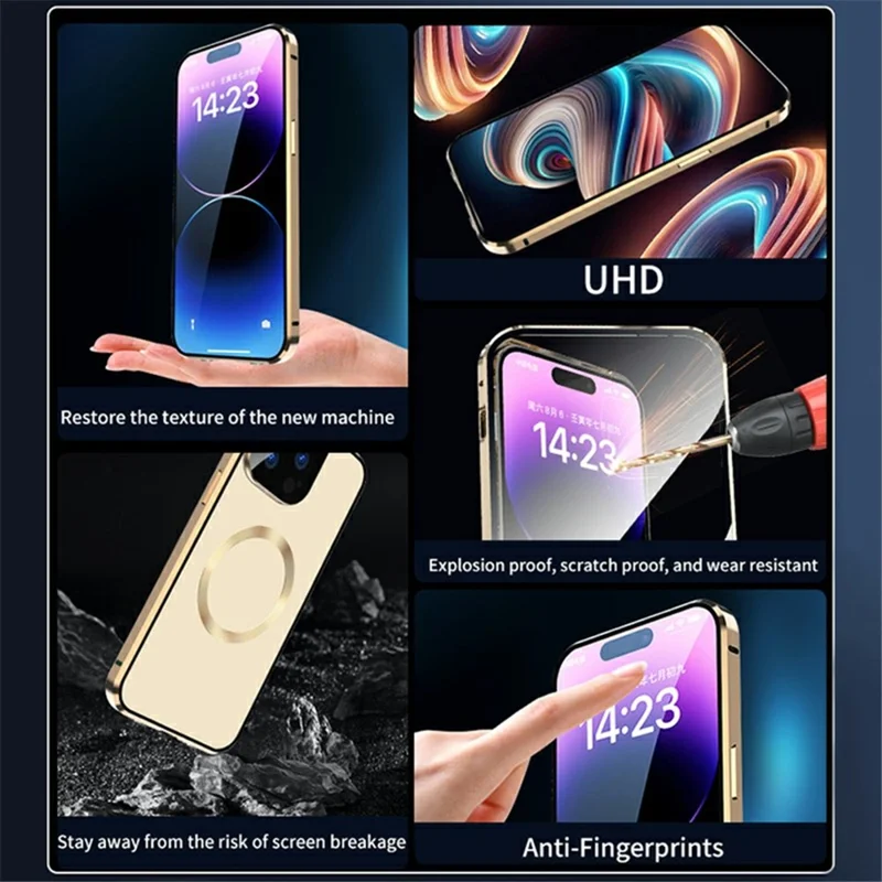 Compatible with MagSafe Case for iPhone 15 Pro Magnetic Metal Frame + Double-Sided Tempered Glass Phone Cover with Buckle Lock - Gold - 6