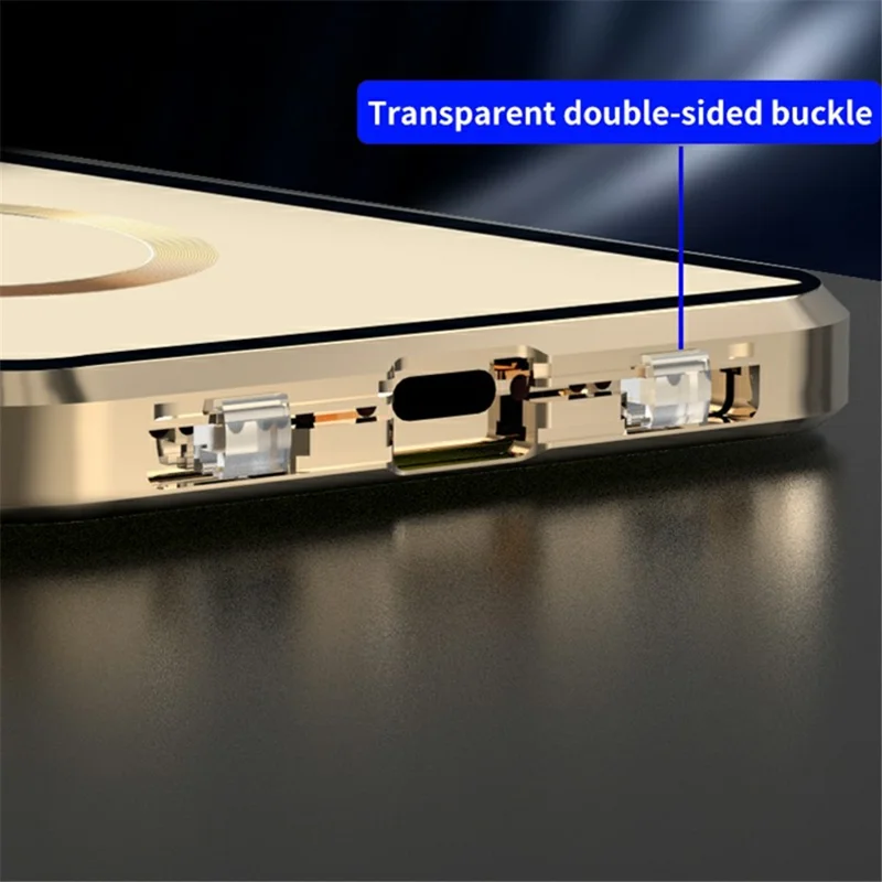 Compatible with MagSafe Case for iPhone 15 Pro Magnetic Metal Frame + Double-Sided Tempered Glass Phone Cover with Buckle Lock - Gold - 9