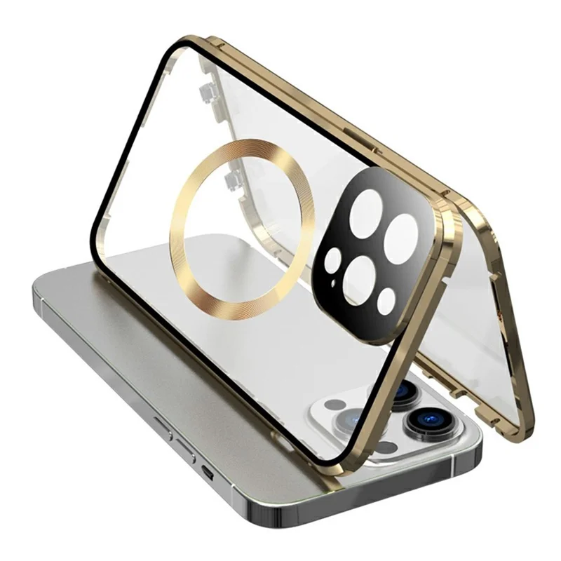 Dual-Sided Tempered Glass+Magnetic Metal Frame Anti-Drop Case for iPhone 15 Compatible with MagSafe Phone Cover with Buckle Lock - Gold - 1