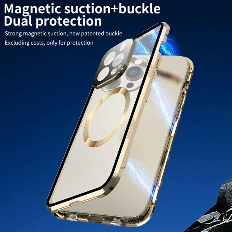 Dual-Sided Tempered Glass+Magnetic Metal Frame Anti-Drop Case for iPhone 15 Compatible with MagSafe Phone Cover with Buckle Lock - Gold - 2