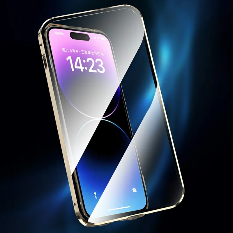 Dual-Sided Tempered Glass+Magnetic Metal Frame Anti-Drop Case for iPhone 15 Compatible with MagSafe Phone Cover with Buckle Lock - Gold - 3