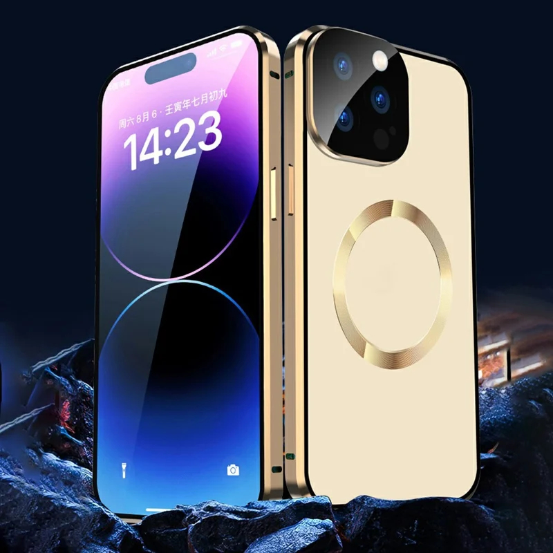 Dual-Sided Tempered Glass+Magnetic Metal Frame Anti-Drop Case for iPhone 15 Compatible with MagSafe Phone Cover with Buckle Lock - Gold - 4