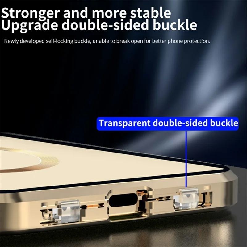 Dual-Sided Tempered Glass+Magnetic Metal Frame Anti-Drop Case for iPhone 15 Compatible with MagSafe Phone Cover with Buckle Lock - Gold - 7