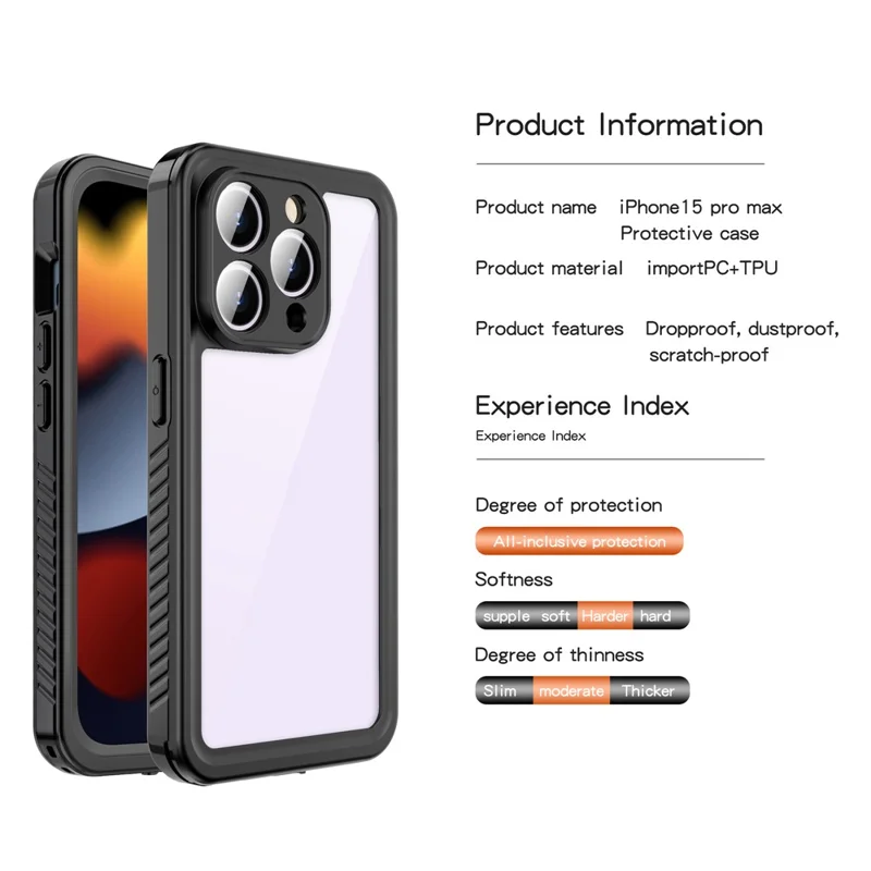 REDPEPPER FS Series for iPhone 15 Pro Max IP68 Waterproof Cellphone Case Clear Back Panel Underwater Diving Cover - 9