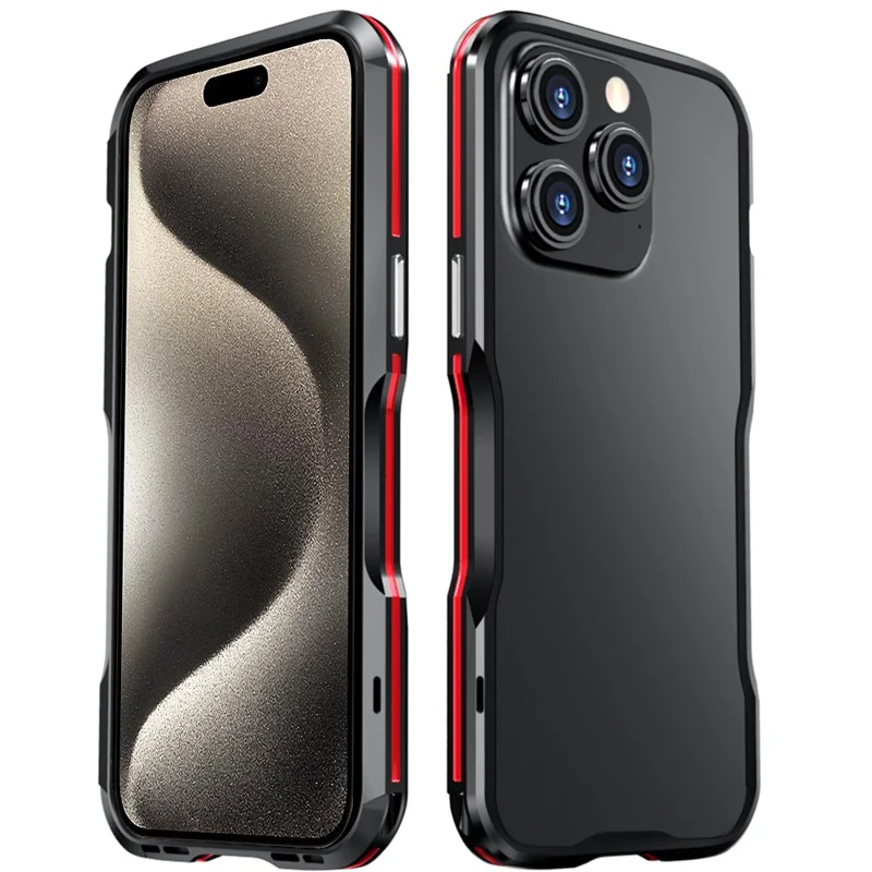 LUPHIE Bumper Case for iPhone 15 Pro Anti-Fall Shockproof Metal Frame Phone Cover Protector - Black / Red - 1