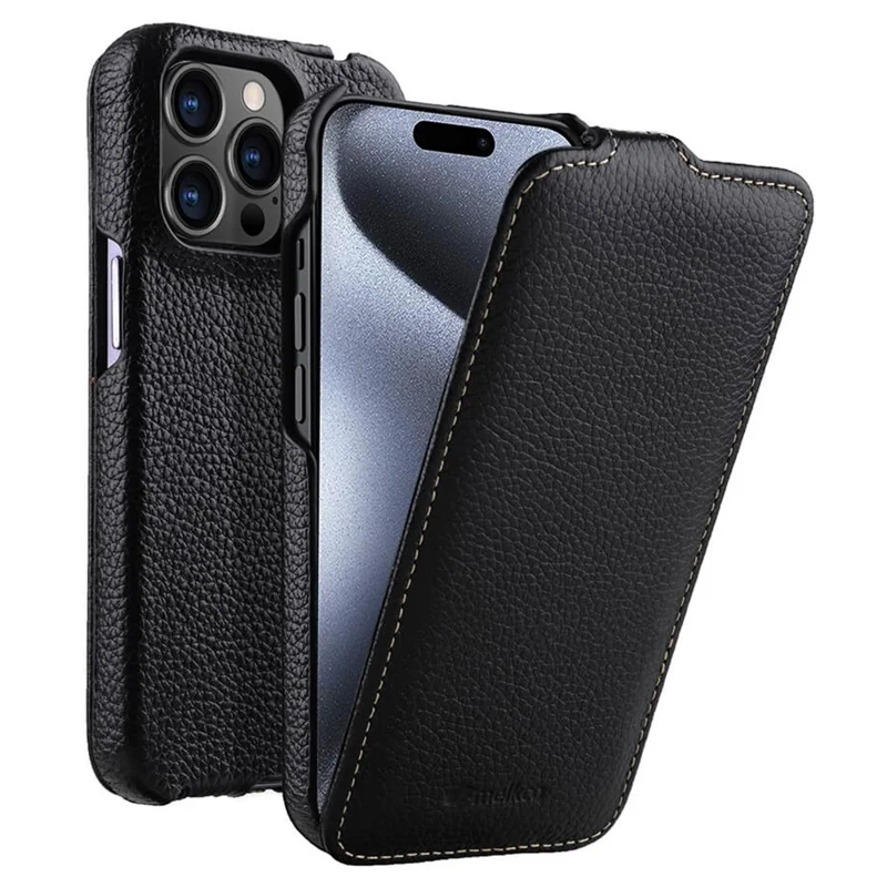 MELKCO For iPhone 15 Pro Case Litchi Texture Vertical Flip Genuine Cow Leather+PC Cover - Black - 1