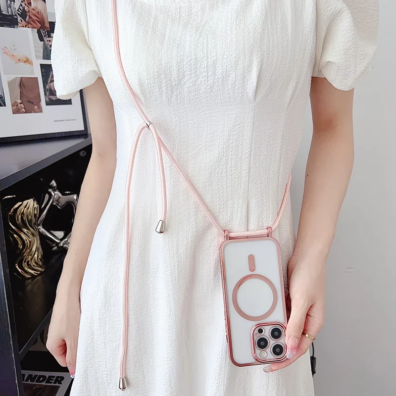 For iPhone 15 Pro Max Case Compatible with MagSafe TPU Phone Protector with Long Lanyard - Rose Gold - 5