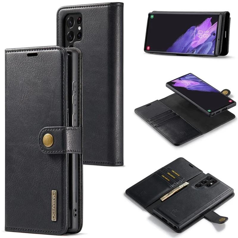 DG.MING for Samsung Galaxy S24 Ultra Case Detachable Split Leather Cover with Stand Wallet - Black - 1