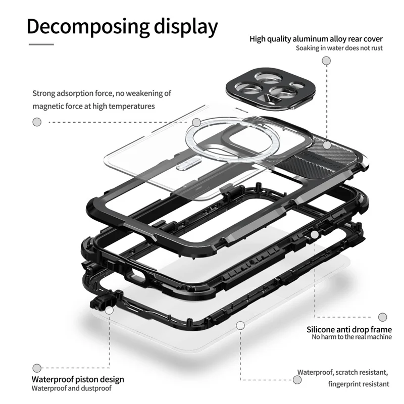 SHELLBOX M Series for iPhone 15 Pro Waterproof Case Compatible with MagSafe Aluminum Alloy IP68 Diving Case - Black - 10