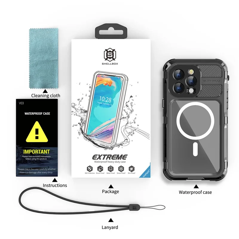 SHELLBOX M Series for iPhone 15 Pro Waterproof Case Compatible with MagSafe Aluminum Alloy IP68 Diving Case - Black - 12