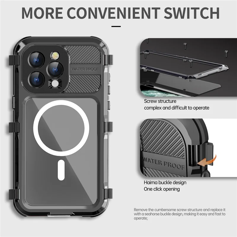 SHELLBOX M Series for iPhone 15 Pro Waterproof Case Compatible with MagSafe Aluminum Alloy IP68 Diving Case - Black - 3