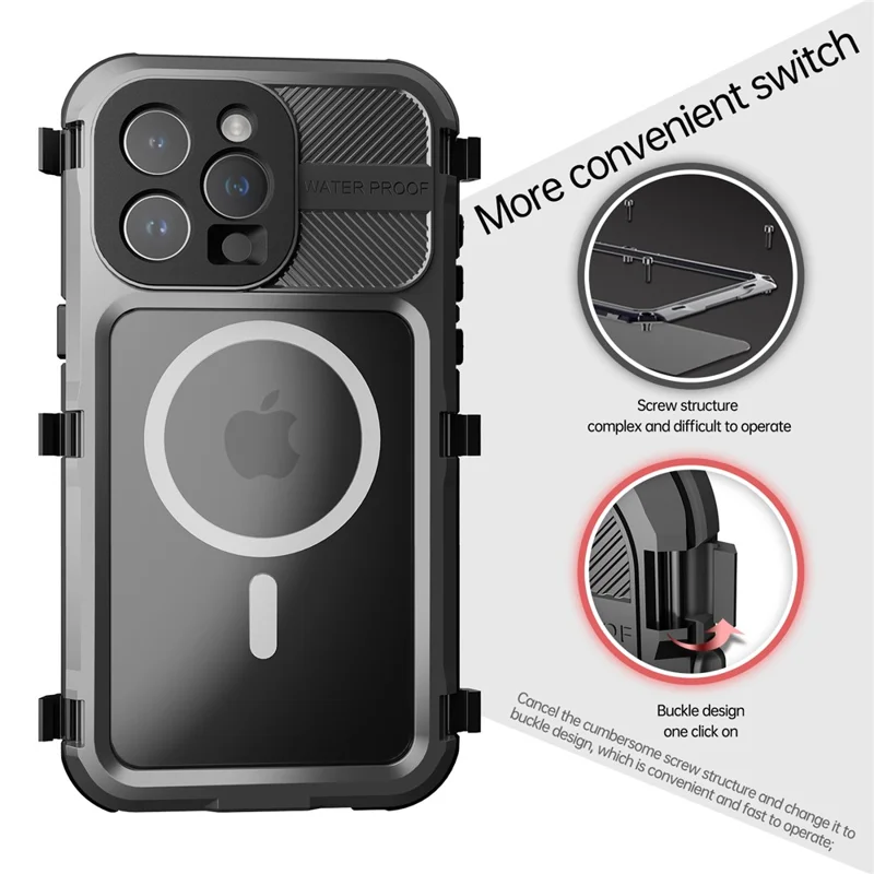 SHELLBOX M Series IP68 Waterproof Case for iPhone 15 Pro Max Case Metal Diving Phone Case Compatible with MagSafe - Black - 7