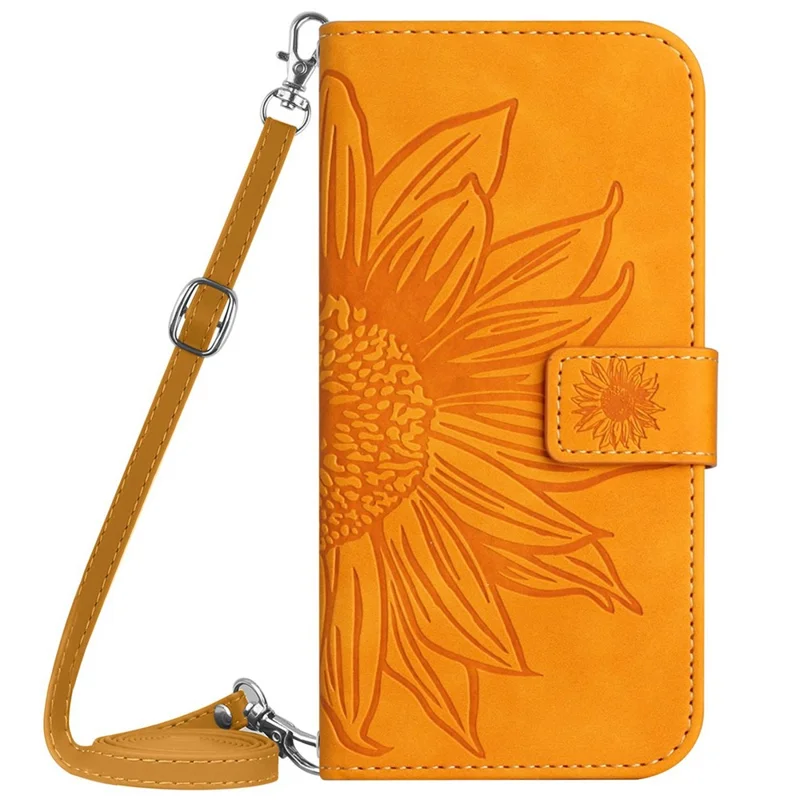 HT04 For iPhone 17e / 16e Case Sunflower PU Leather+TPU Phone Cover with Shoulder Strap - Yellow - 10