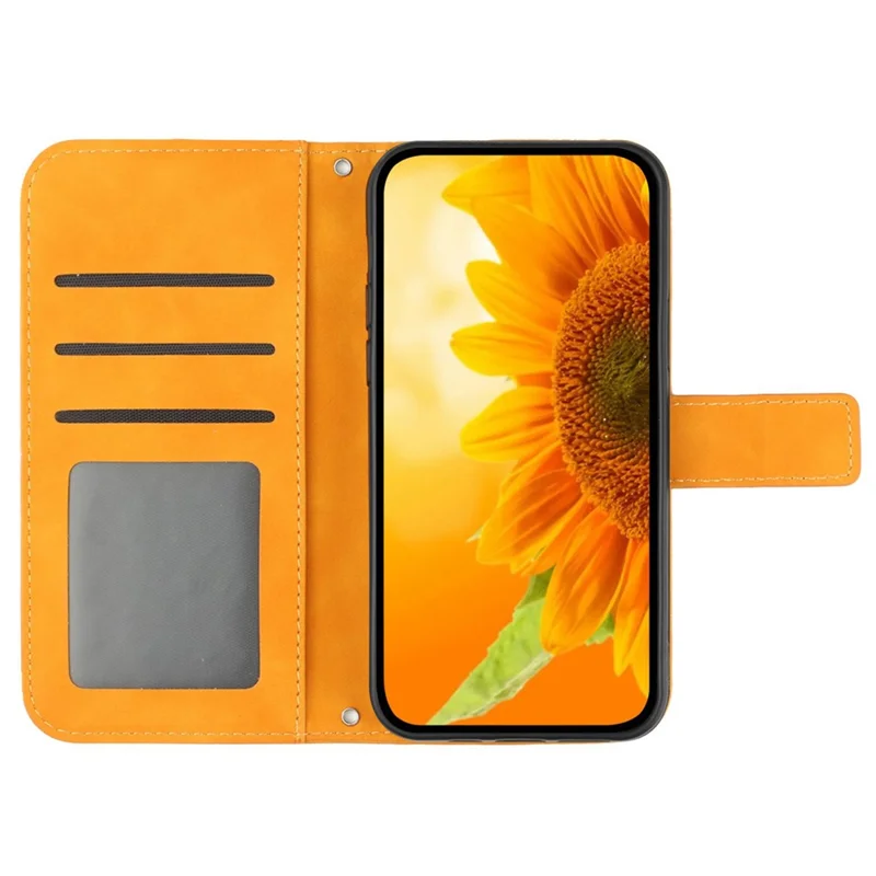 HT04 For iPhone 17e / 16e Case Sunflower PU Leather+TPU Phone Cover with Shoulder Strap - Yellow - 2