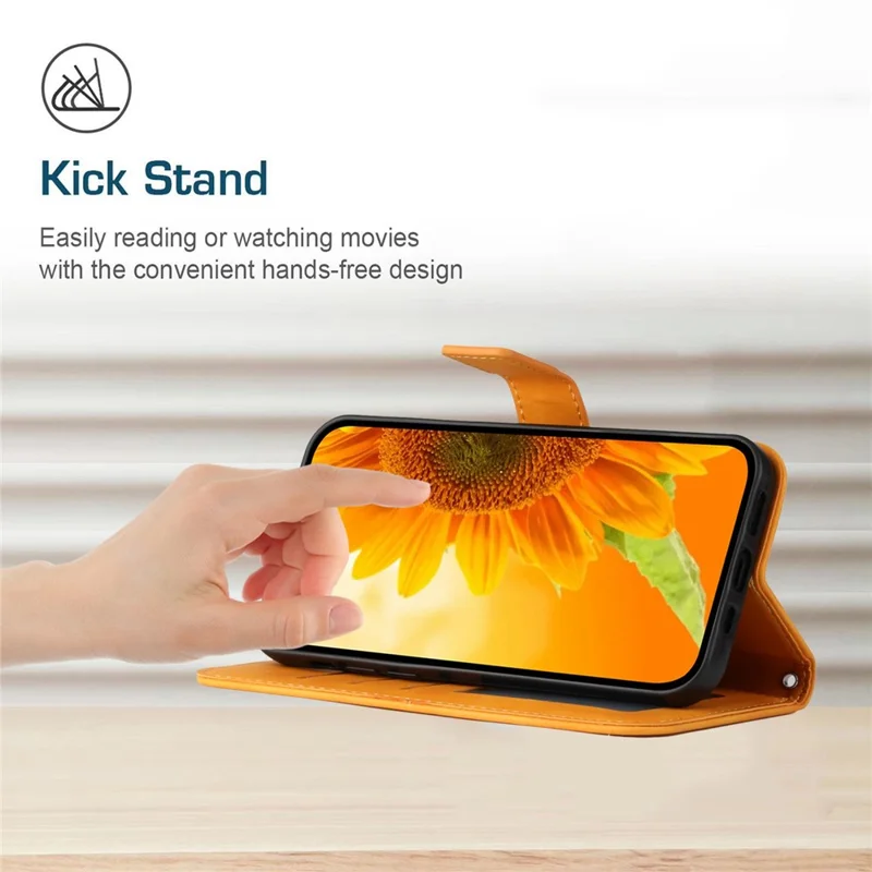 HT04 For iPhone 17e / 16e Case Sunflower PU Leather+TPU Phone Cover with Shoulder Strap - Yellow - 3