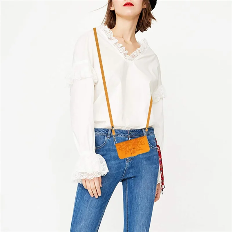 HT04 For iPhone 17e / 16e Case Sunflower PU Leather+TPU Phone Cover with Shoulder Strap - Yellow - 4