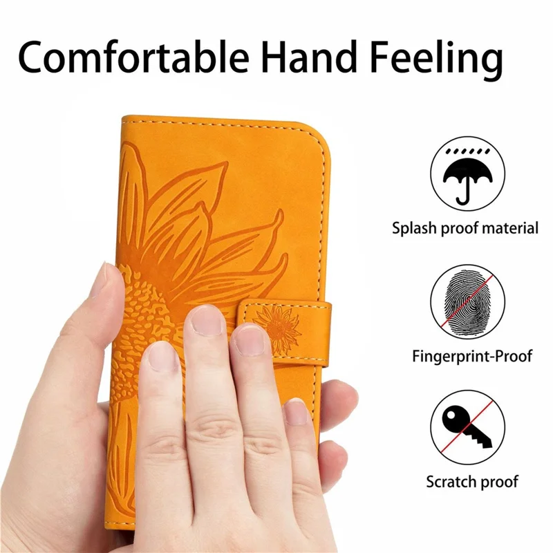 HT04 For iPhone 17e / 16e Case Sunflower PU Leather+TPU Phone Cover with Shoulder Strap - Yellow - 5