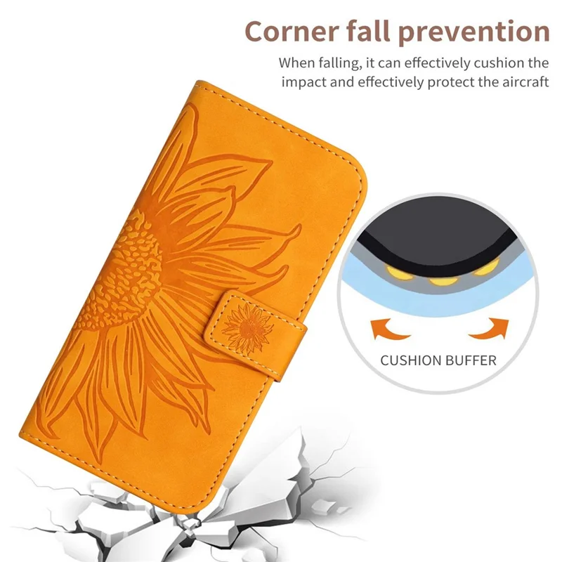 HT04 For iPhone 17e / 16e Case Sunflower PU Leather+TPU Phone Cover with Shoulder Strap - Yellow - 6