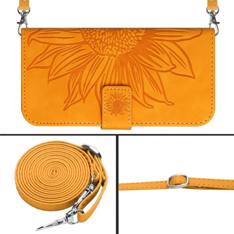 HT04 For iPhone 17e / 16e Case Sunflower PU Leather+TPU Phone Cover with Shoulder Strap - Yellow - 9
