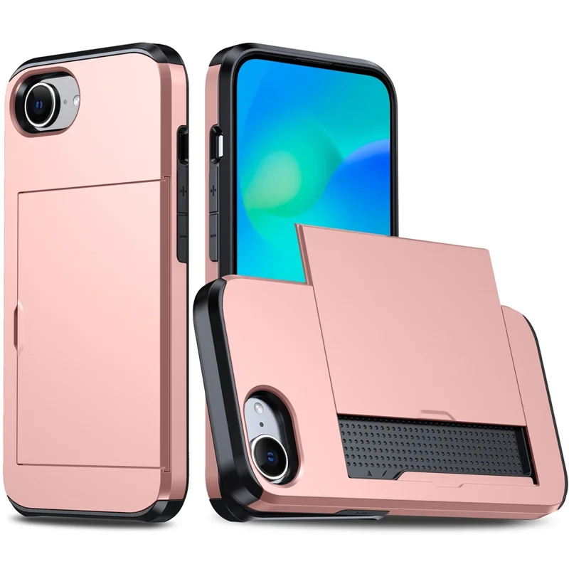 For iPhone 17e / 16e Case TPU + PC Dual Layer Armor Phone Cover with Sliding Card Slot - Rose Gold - 1