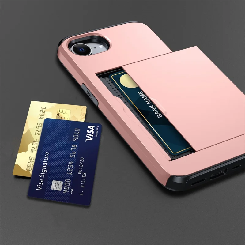 For iPhone 17e / 16e Case TPU + PC Dual Layer Armor Phone Cover with Sliding Card Slot - Rose Gold - 5