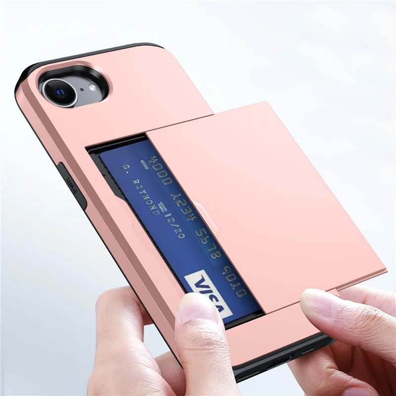 For iPhone 17e / 16e Case TPU + PC Dual Layer Armor Phone Cover with Sliding Card Slot - Rose Gold - 7