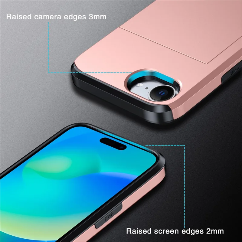 For iPhone 17e / 16e Case TPU + PC Dual Layer Armor Phone Cover with Sliding Card Slot - Rose Gold - 8