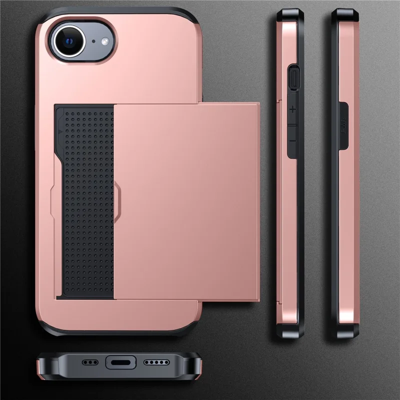 For iPhone 17e / 16e Case TPU + PC Dual Layer Armor Phone Cover with Sliding Card Slot - Rose Gold - 9