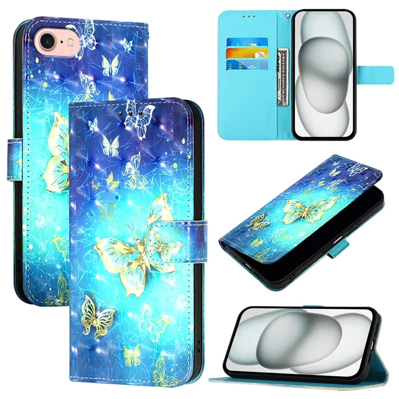 For iPhone 17e / 16e Leather Case Pattern Printing Wallet Stand Mobile Cover with Strap - Golden Butterflies - 10