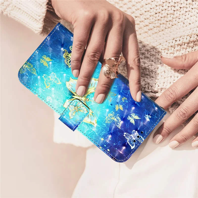 For iPhone 17e / 16e Leather Case Pattern Printing Wallet Stand Mobile Cover with Strap - Golden Butterflies - 8