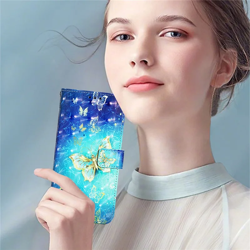 For iPhone 17e / 16e Leather Case Pattern Printing Wallet Stand Mobile Cover with Strap - Golden Butterflies - 9
