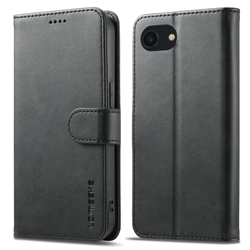 LC.IMEEKE For iPhone 17e / 16e Case Calf Texture Magnetic Clasp Stand Phone Cover - Black - 1