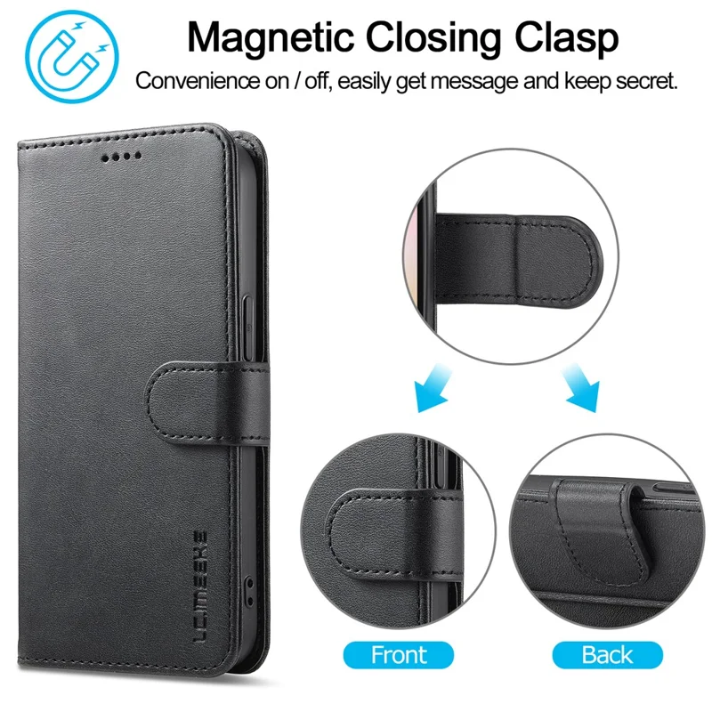 LC.IMEEKE For iPhone 17e / 16e Case Calf Texture Magnetic Clasp Stand Phone Cover - Black - 10