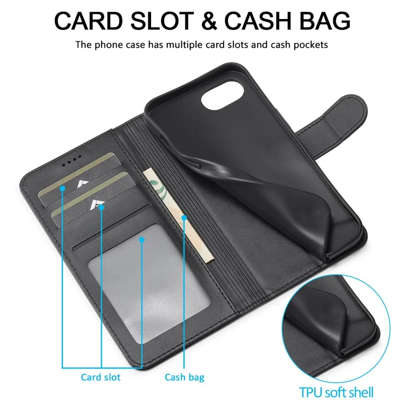 LC.IMEEKE For iPhone 17e / 16e Case Calf Texture Magnetic Clasp Stand Phone Cover - Black - 8