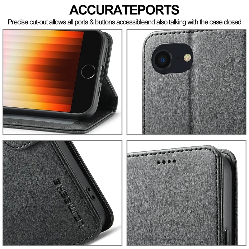 LC.IMEEKE For iPhone 17e / 16e Case Calf Texture Magnetic Clasp Stand Phone Cover - Black - 9
