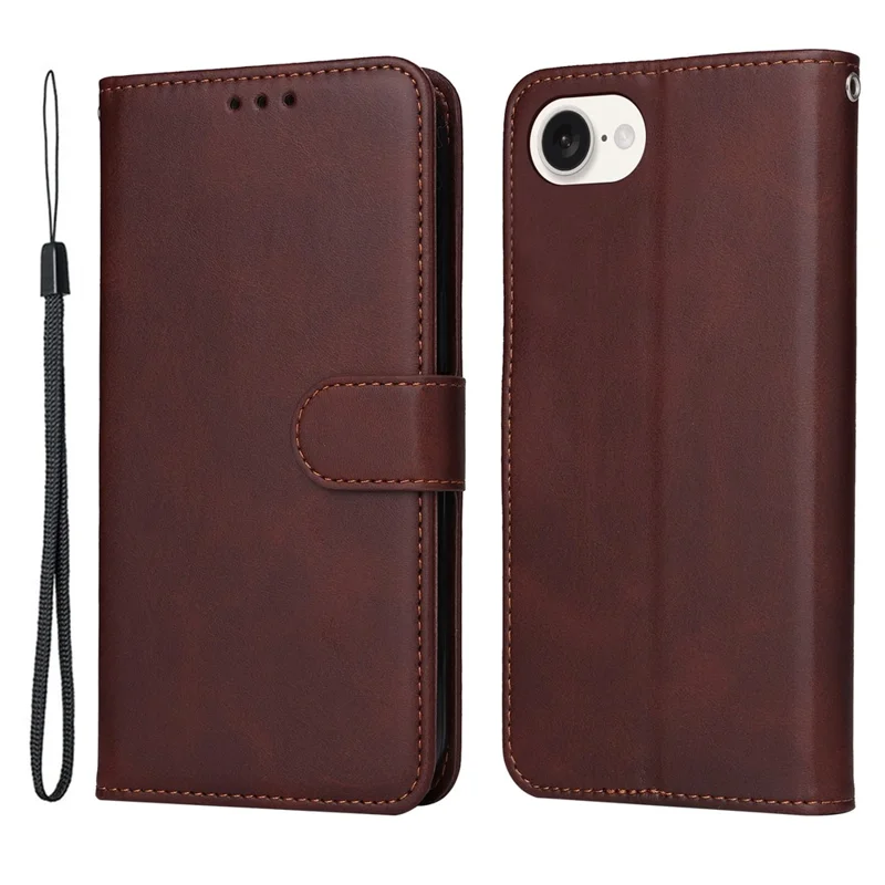 For iPhone 17e / 16e Leather Phone Case Magnetic Clasp Flip Wallet Phone Stand Cover - Brown - 1