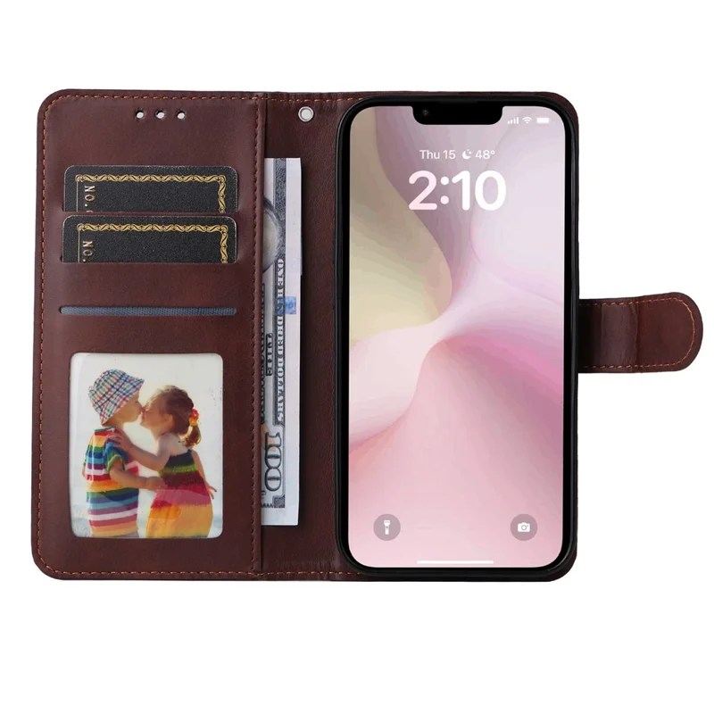 For iPhone 17e / 16e Leather Phone Case Magnetic Clasp Flip Wallet Phone Stand Cover - Brown - 2