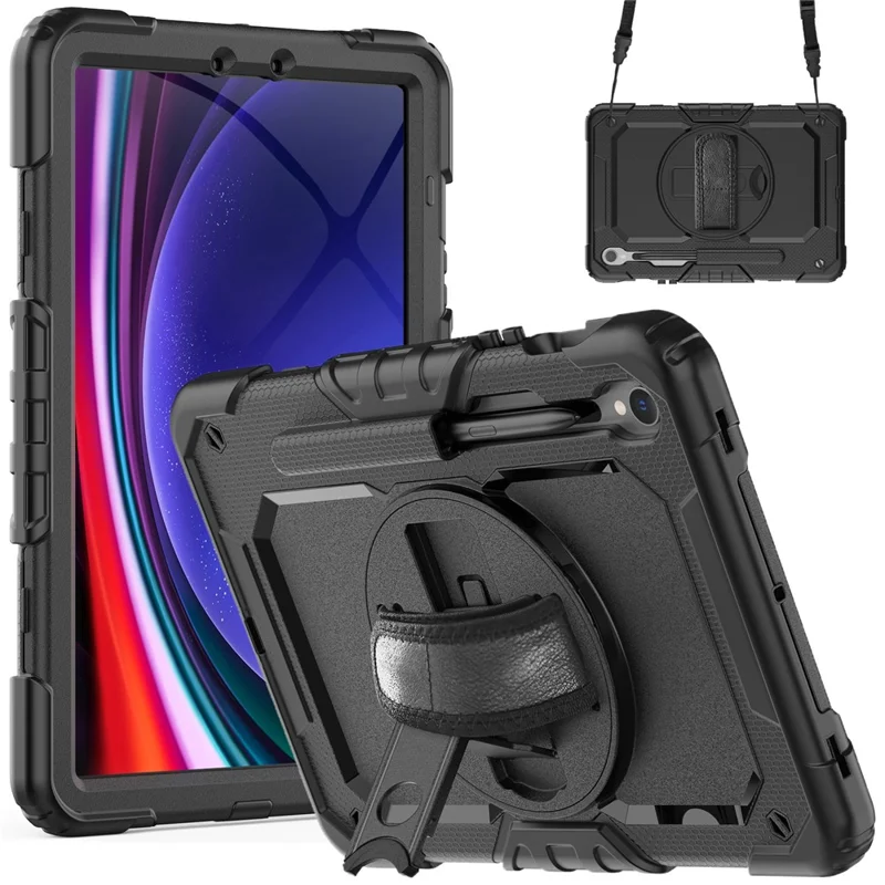 For Samsung Galaxy Tab S10 Lite / S10 FE / S9 FE SM-X510 SM-X516B PC+Silicone Kickstand Tablet Cover with Hand Strap - Black+Black - 1
